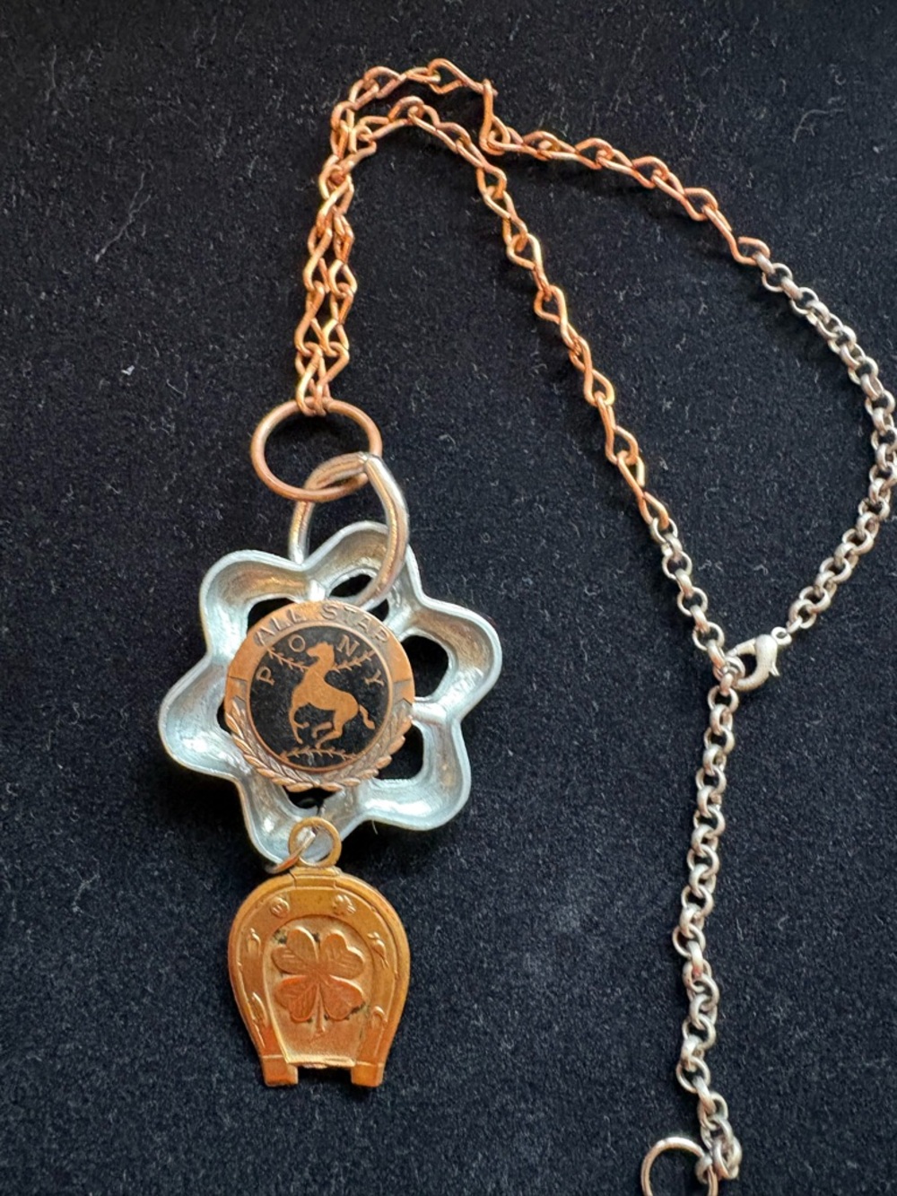 Vintage Horse Medallion Necklace in Copper and Silver Tones